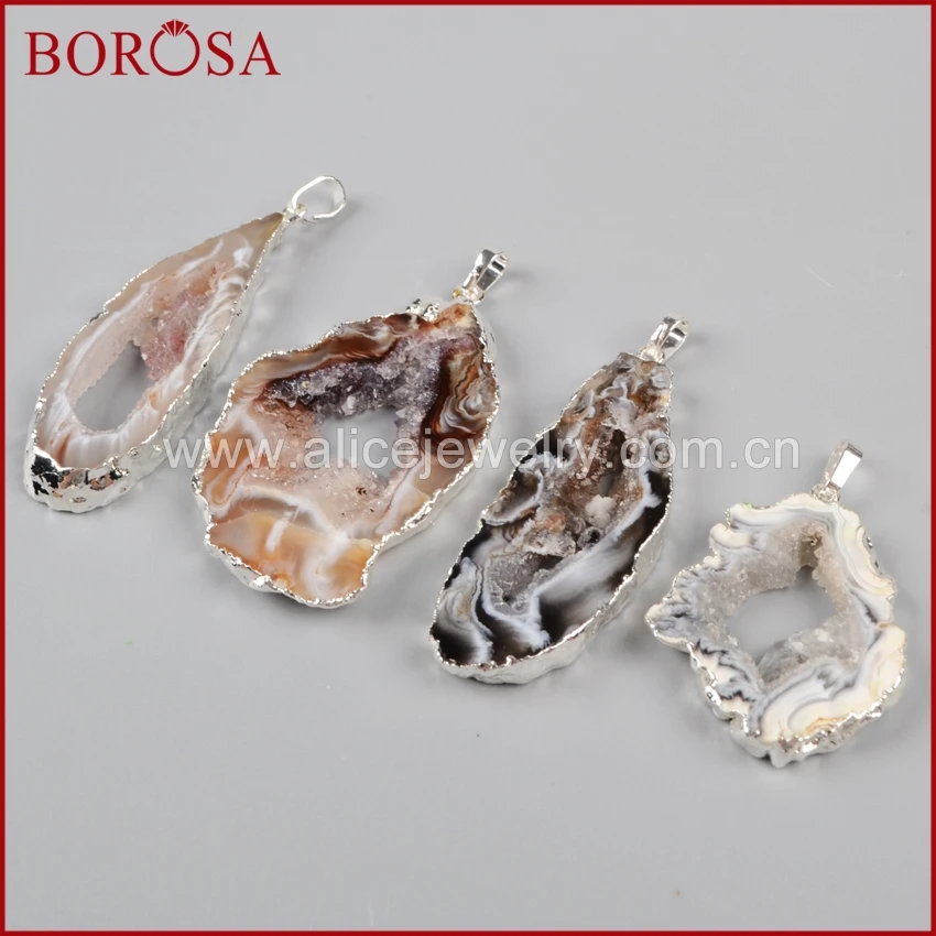 

BOROSA 10PCS Freeform Silver Color Natural Onyx Druzy Agates Drusy Geode Slice Pendant Beads Gems for Women Jewelry S0088