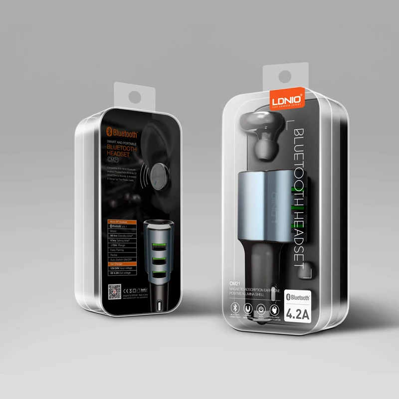 LDNIO CM21 Автомобильная Bluetooth стерео гарнитура наушники 3 порта USB Автомобильное зарядное устройство 5 В 4.2A зарядное устройство для мобильного телефона