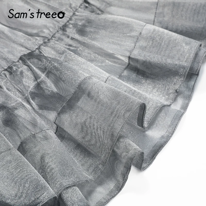 Samstree Vintage Mesh Sweet Women Skirts, Autumn Fashion Mid Waist A-Line Female Skirt Gray Elegant Office Lady Bottoms