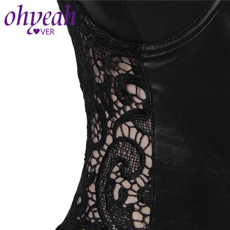 Ohyeahlover женский комбинезон коротким рукавом размера плюс комбинезон Macacao Feminino Curto RM80384 узкие черный винил и Кружевные Подвязки Тедди