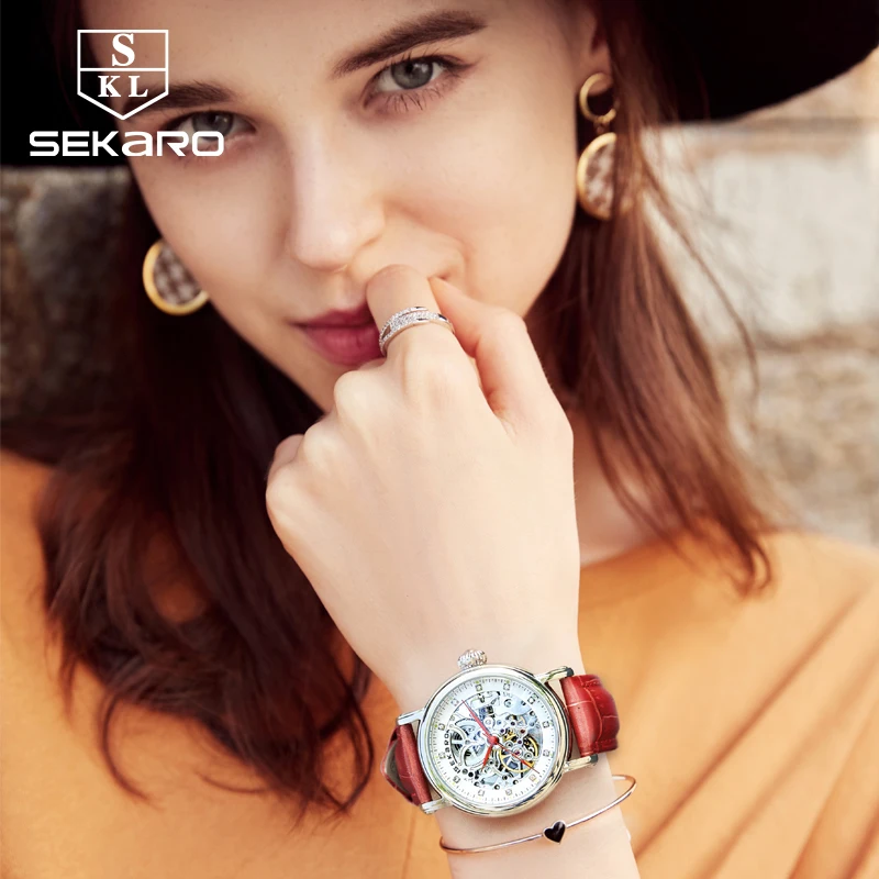 SEKARO Brand Women Mechanical Watches Diamond Ladies Design Women's Wristwatches Leather Fashion Skeleton Dial Gift Montre Femme |