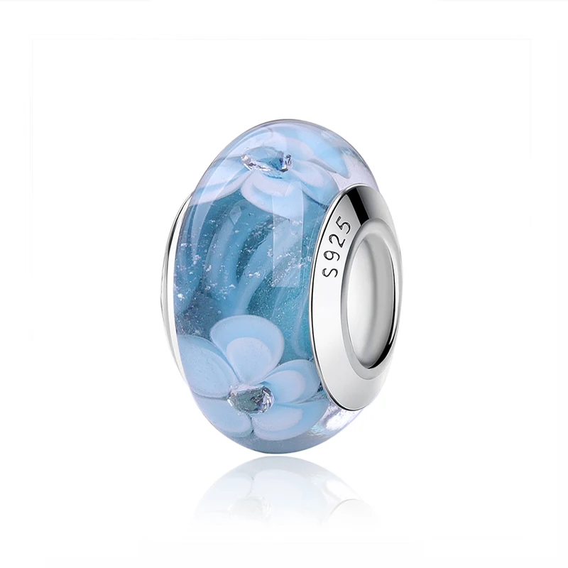 Bloom Blue 2 Оригинальные бусины из стерлингового серебра 925 Подвески с бабочкой и цветком, стеклянные подвески, подходят для браслетов Pandora, ожерелья для женщин, ювелирные изделия DIY - Цвет: Bloom Blue 2