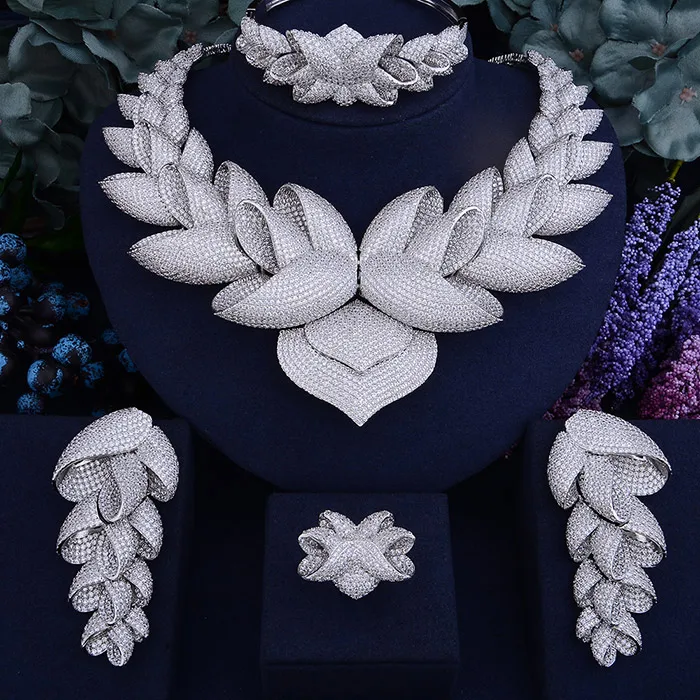 Silver GODKI Роскошный цветок лотоса кубический цирконий Африканский индийский ожерелье серьги набор Дубай нигерийские Свадебные Ювелирные наборы для женщин невесты - Окраска металла: Silver