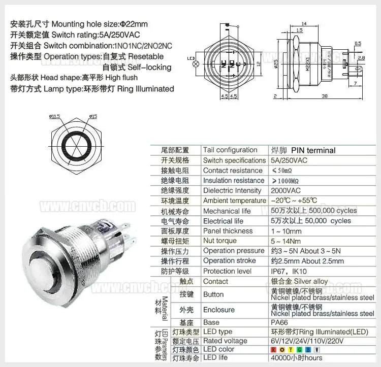 Кнопочный переключатель из нержавеющей стали с подсветкой ангельский глаз 22 мм |