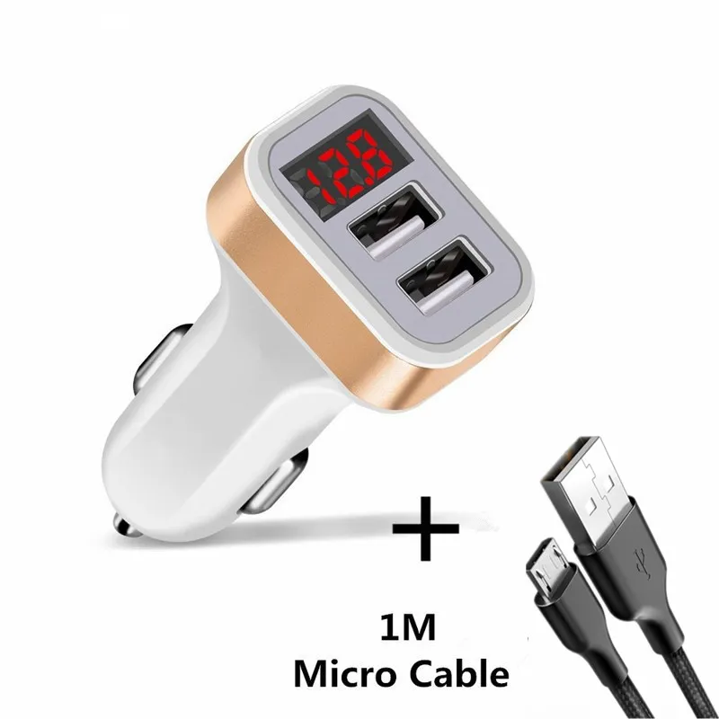 Gold Micro Cable 5V 2.1A автомобиля Зарядное устройство с светодиодный Экран Смарт авто-Зарядное устройство адаптер Micro 2 USB кабель для зарядки для iPhone 7 samsung Xiaomi huawei - Тип штекера: Gold Micro Cable