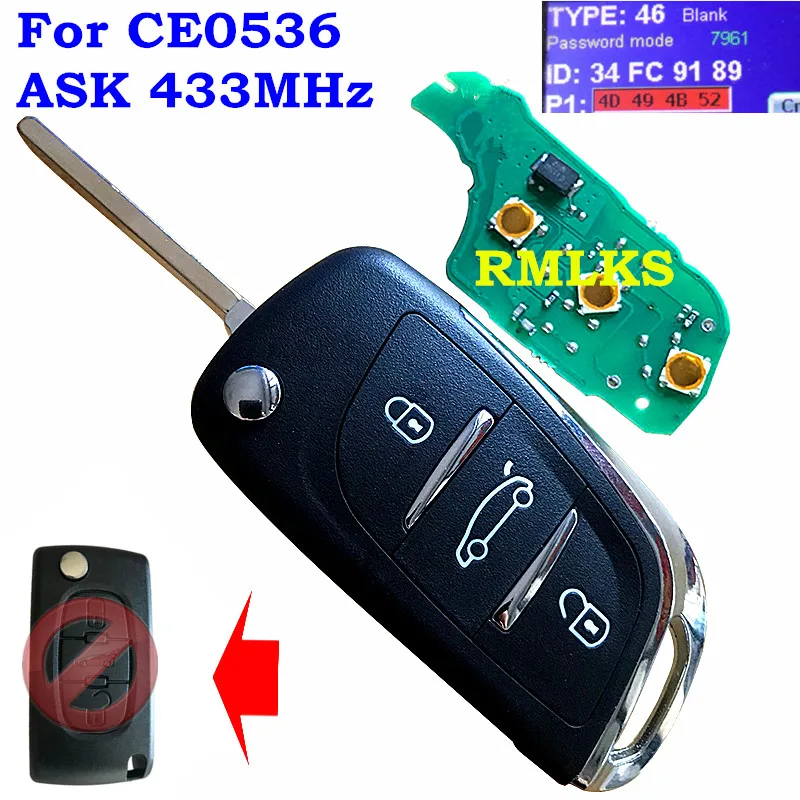 

New DS Style Folding flip Upgraded Remote Key Fob for Peugeot 307 407 308 408 3 buttons FOB 433mhz ID46 Chip CE0536