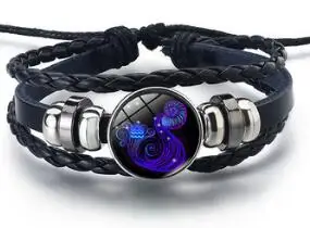 12 Созвездие зодиака знак Черная Плетеная кожа браслет раковая Leo Virgo Libra Тканые