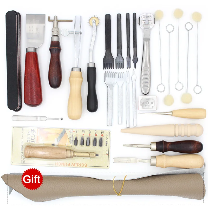 Set 16 Кожаные инструменты для рукоделия, дырокол, нож для резки, шовная игла, базовые ручные швейные инструменты, ручной Отшелушивающий край - Цвет: Set 16