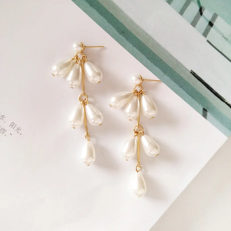 stud earrings Корейские японские элегантные длинные белые капли воды имитация жемчужные Клипсы Серьги без пирсинга для женщин Леди Свадьба - Окраска металла: stud earrings