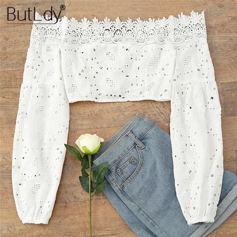 

Lace Hollow Out Patchwork Short Shirt Women Sexy Off Shoulder Lantern Sleeve Beach Blouse Shirt Summer 2019 Casual Chic Crop Top