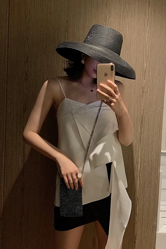

Fashion Women Summer Tops Ladies Strap Patchwork Asymmetric Hem Slim Camis Tops Sexy White Blouse Shirt Tunic Streetwear
