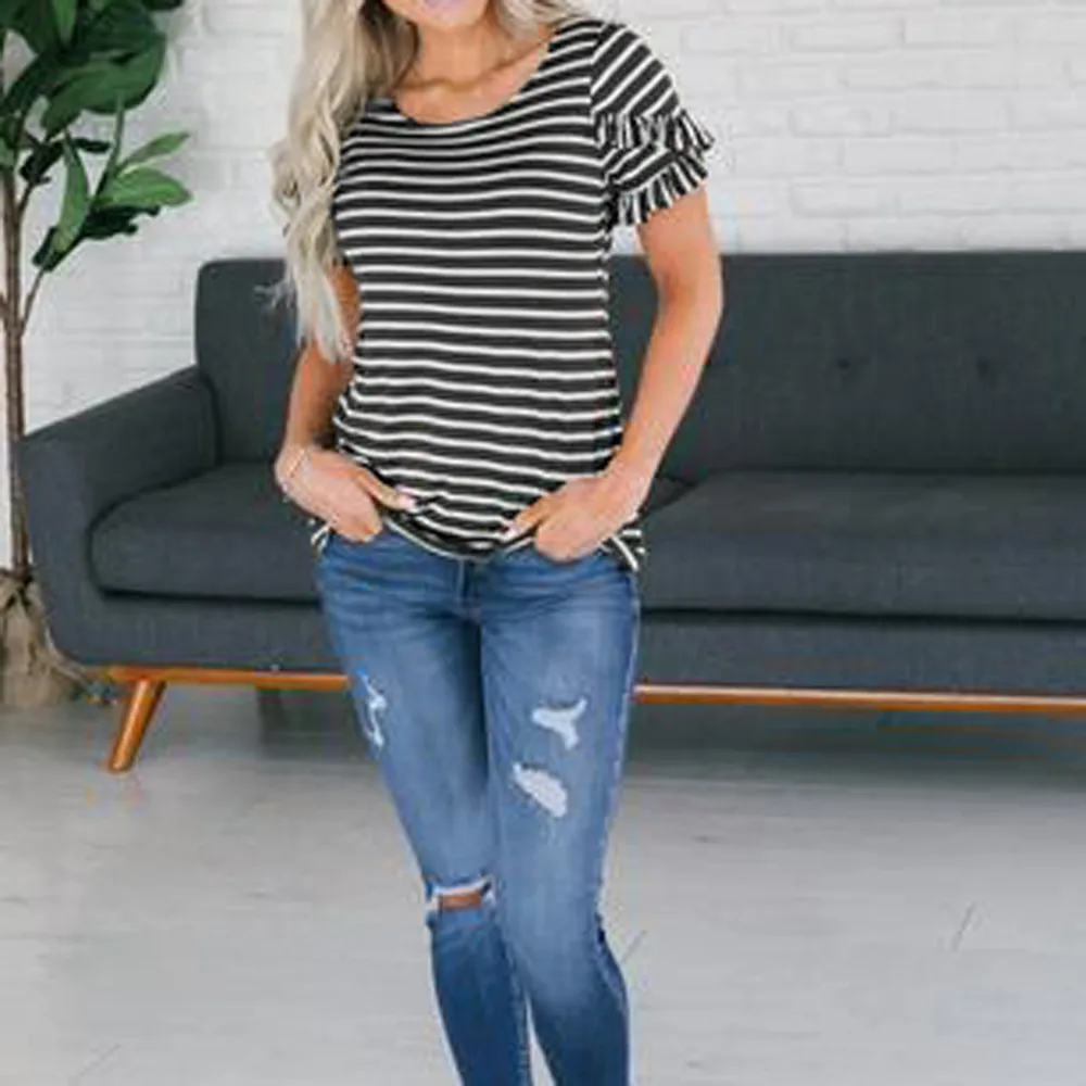 Женская футболка Повседневная в полоску с коротким рукавом и круглым вырезом 50 |