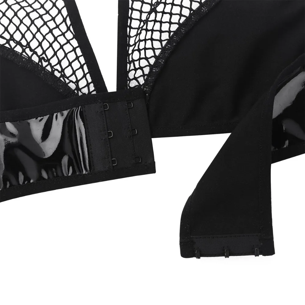 Sexy Women Wetlook Costume Lingerie Set Hollow Out Patchwork Fishnet Open Crotch Bra Top &amp Mini Bikini Briefs Underwear Swimsuit |