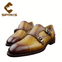 sipriks luxury double monk strap shoes italian goodyear mens painted business dress shoes retro grooms shoes black leather flats
