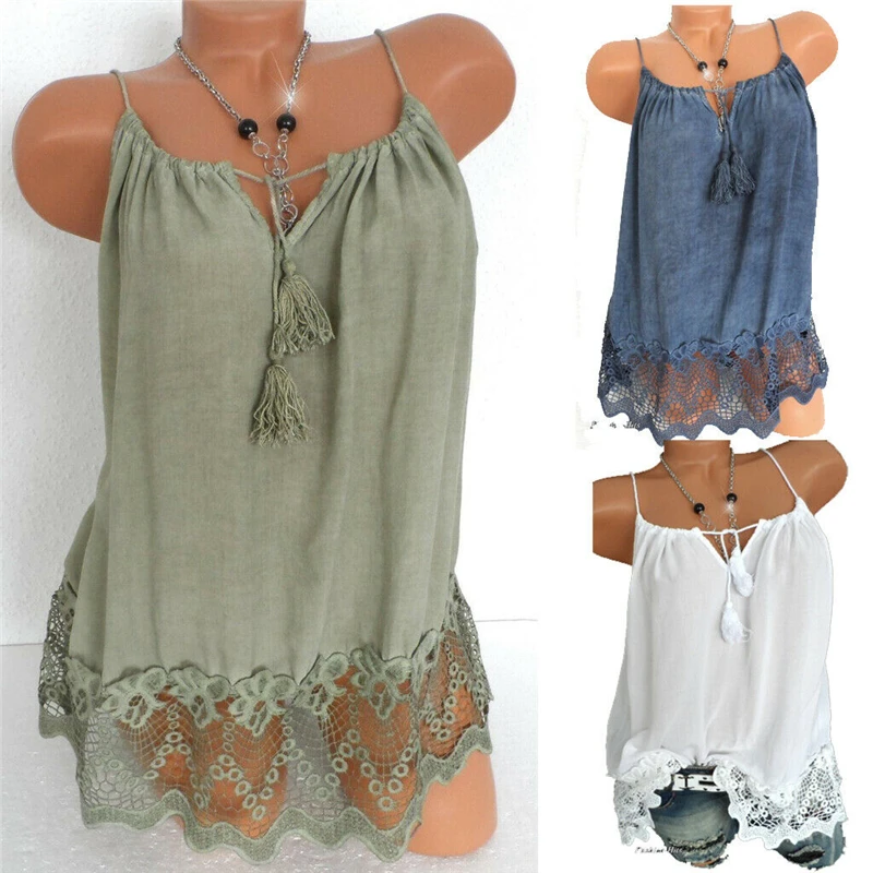 Женский однотонный топ на бретельках Boho повседневный свободный кружевной с