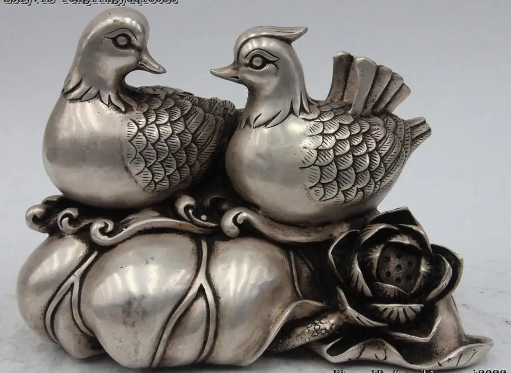 

7 "китайский белый бронзовый серебряный с позолоченным лотосом мандарин утка Aix Galericulata статуя