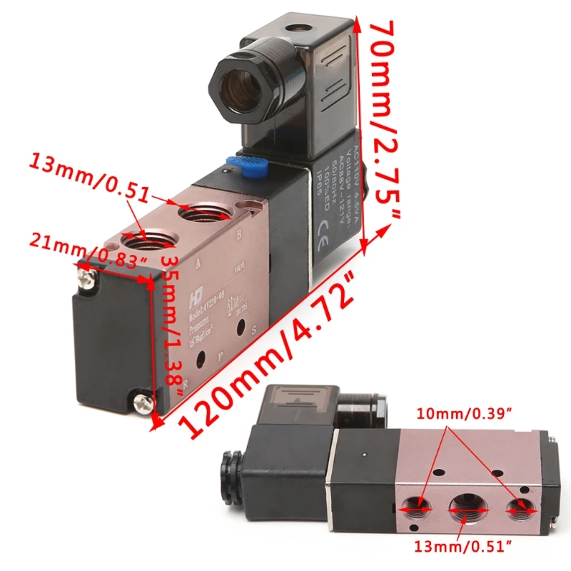 

1/4" 4V210-08 5 Way 2 Position Pneumatic Control Solenoid Air Valve 12V 24V 110V 220V