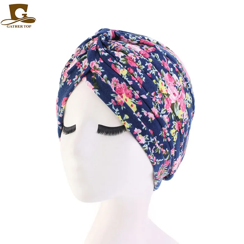 Navy Blue Flower Новинка Женская мягкая хлопковая Женская тюрбан с цветочным принтом модная бандаданская Кепка chemo аксессуары для волос - Цвет: Navy Blue Flower
