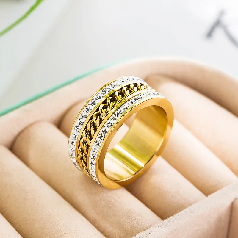 Fashion stainless steel double row circumference chain ring Couple Wedding Bands for women engagement jewelry | Украшения и