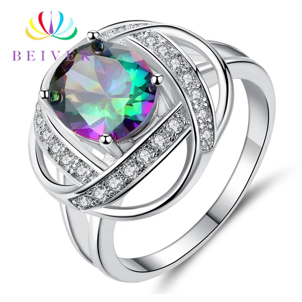 

Beiver 2019 New Arrival White Gold Rainbow Round Zircon Promise Wedding Clover Rings for Women Party Jewelry Ladies Gift R583W-C