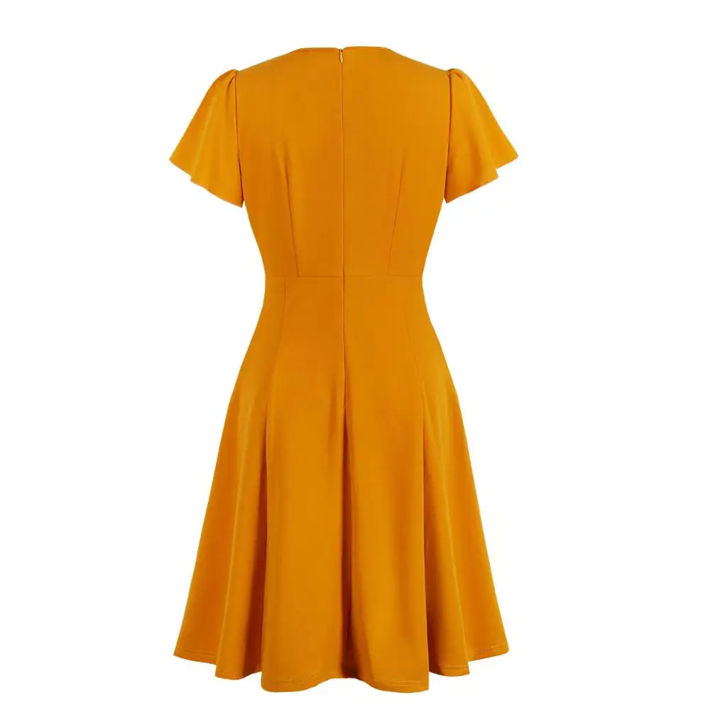 Винтажные платья 50 s 60 s 40 s 4xl с расклешенными рукавами, с v-образным вырезом и рюшами, винтажное платье трапециевидной формы, элегантное желтое горчичное платье