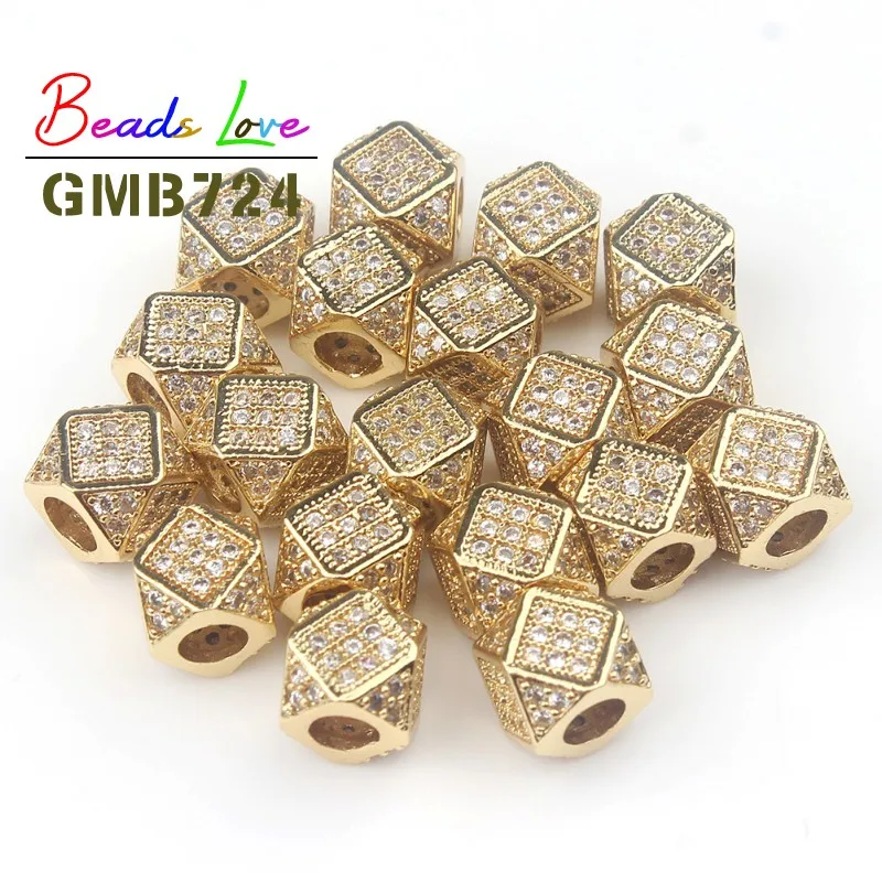 Gold White CZ 3 шт./лот 7x7 мм Геометрическая металлическая медная микро-паве CZ бусины для браслета Подвески для изготовления украшений разделитель со стразами бусины DIY аксессуары - Цвет: Gold White CZ