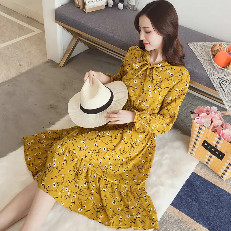 BOBOBKATEER 2018 Новое корейское осеннее платье с цветочным принтом для женщин Vestidos De