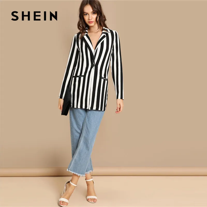 SHEIN Стильный Полосатый Блейзер Женский Осенний Повседневный Блейзер С Длинными Рукавами И Карманами