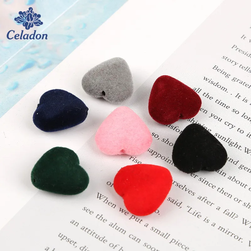 

60pcs/lot 23x18mm Acrylic Velvet Beads Heart Shape Charms Pendant for DIY Earring Bracelet Necklace Jewelry Making