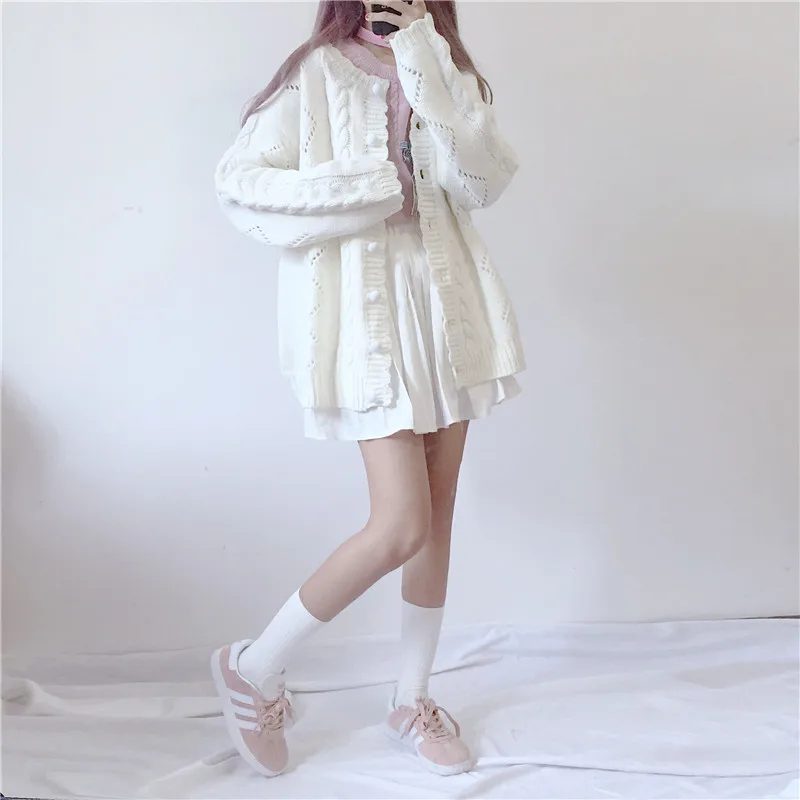 Зимние Для женщин вязаный свитер кардиганы осень японский стиль Mori Girl преппи белые вязаные свитера, подходит ко всему, с круглым вырезом, пальто