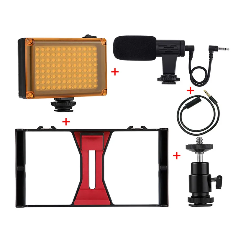 Add Light Microphone PULUZ Smartphone Video Rig Kits Filmmaking Recording Handle Stabilizer Bracket For iPhone X 7 8 Plus 4 in 1 Rig Kits - Цвет: Add Light Microphone