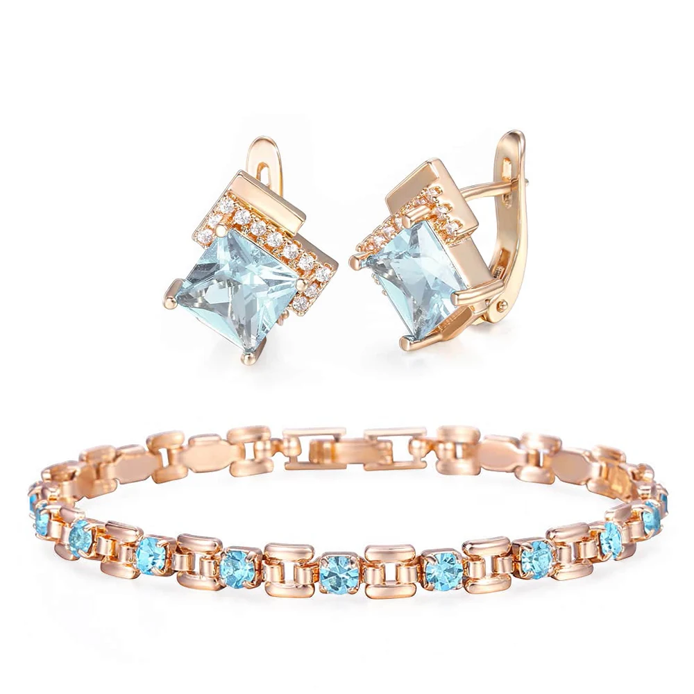 Женский комплект украшений с браслетом и сережками из голубого кубического