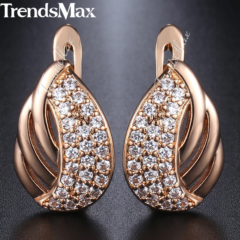 Trendsmax 585, серьги из розового золота для женщин, проложенные прозрачными фианитами, серьги в виде листьев, женские модные ювелирные изделия, подарки KGE170