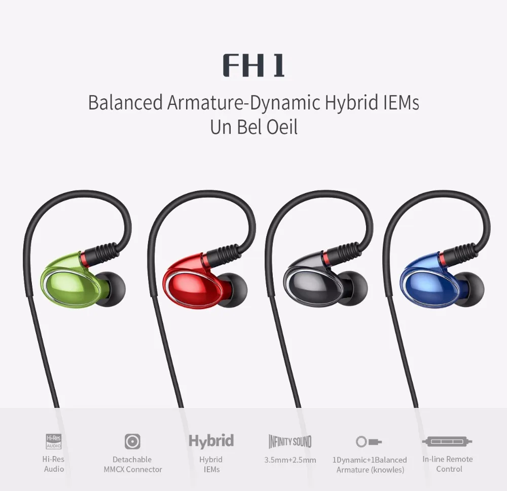 FiiO FH1 Knowles драйвер уравновешенным якорем-Динамический гибрид наушники-вкладыши Наушники с 2,5 мм Blacnced и 3,5 мм микрофонный кабель