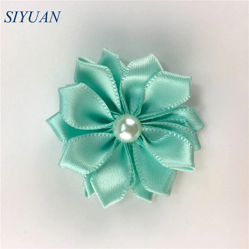 34-mint 10 шт./лот, ручная работа, 1,6 дюймов, ткань, атлас, цветок с жемчугом, 16 лепестков, головные уборы для девочек, аксессуары, декор для одежды TH281 - Цвет: 34-mint