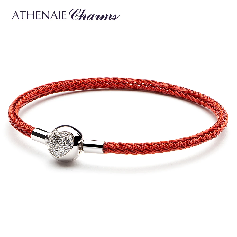 ATHENAIE, разноцветный браслет с проволокой, с 925 пробы, серебро, CZ, любовь, сердце, застежка для женщин, подходят для шармов, бусины, сделай сам, подарок, красный