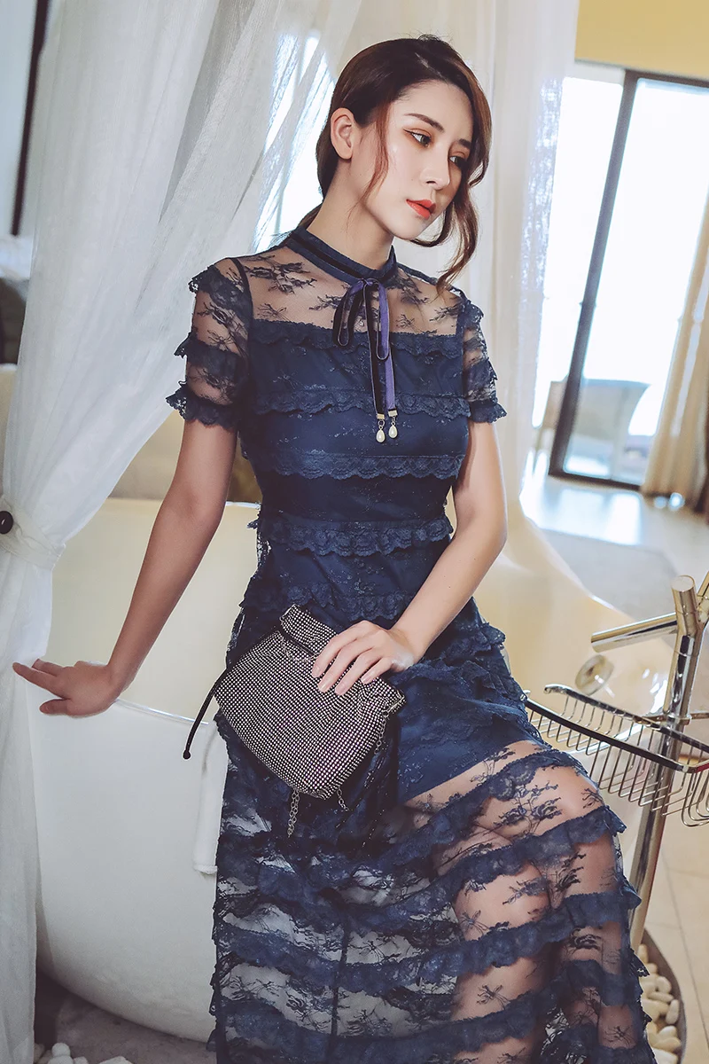 

Elegant 2019 women layer ruffles dress o-neck high quality High waist mesh lace maxi sexy long dress mufer vestidos dr118