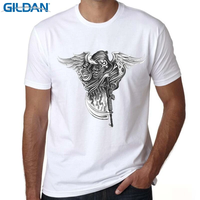 GILDAN Short Sleeve Men T Shirt New Fashion The Real Gangster gun Printed T-shirt O-Neck Tops Panda With Gun Cool Tee Shirts | Мужская