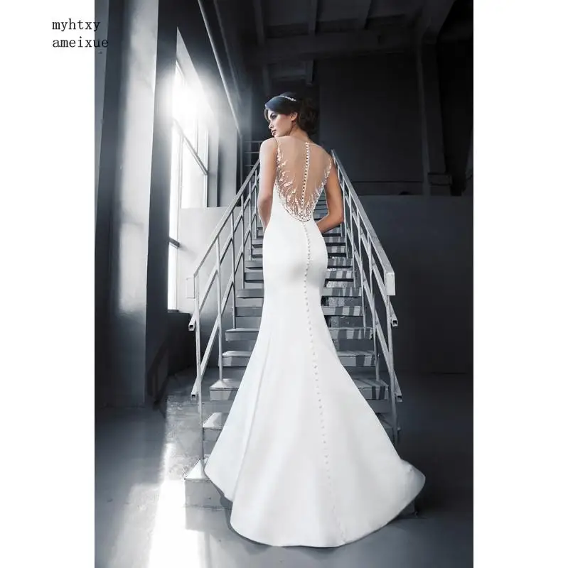 Халаты Vestido De Noiva специальная Сексуальная атласная юбка-годе пуговицы без рукавов прозрачная спина с перевязи свадебное платье