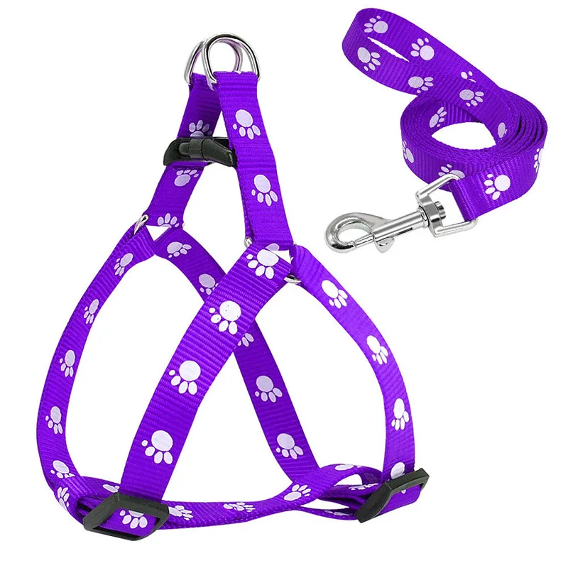 Purple Мода 1 комплект милый мягкий для питомца щенка шлейка и поводок набор лапа печать нейлон ходьба Жгут 3 размера регулируемый - Цвет: Purple