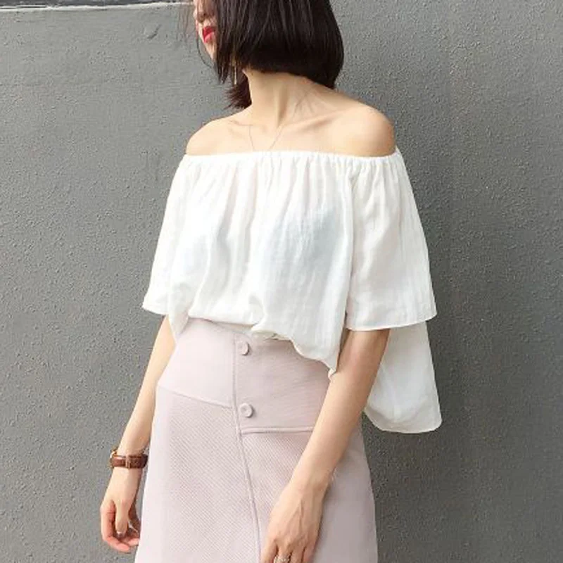 Newest Off The Shoulder Tops Vogue Summer Hot Sale Feminine Half Sleeve Slash Neck Casual Loose Blouse Shirt |