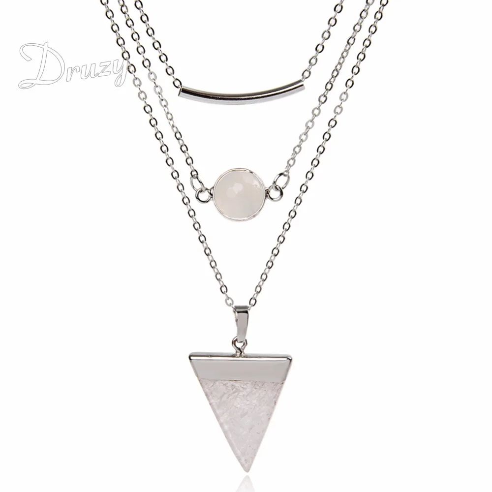

Druzy 3 Layer Geometric Designed Bar Stick Opal Bead Triangle Quartz Crystal Gem Chain Choker Necklace Gothic Punk Women Jewelry