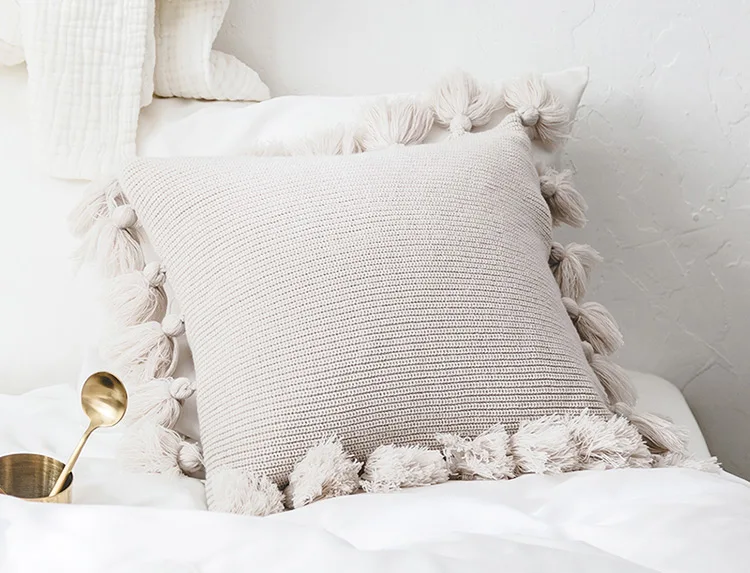 Knitted Cushion Cover Solid Pink Beige Grey Nordic Style Pillow Case With Tassle For Sofa Bed Room Home Decorative 45*45cm