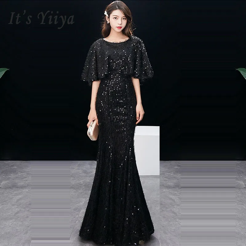 shawl Вечернее платье элегантный короткий рукав Robe De Soiree 0-образным вырезом Женское вечернее платье длинные размера плюс пикантные черные сапоги тонкий платье для выпускного вечера E578 - Цвет: shawl