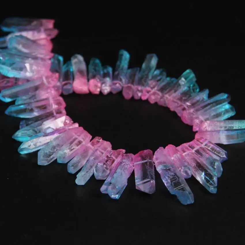 

New!! Top Drilled Sky Blue&Pink Raw Crystal Quartz Points Titanium Beads,strand,Rainbow Crystal Stick Pendant Jewelry Making