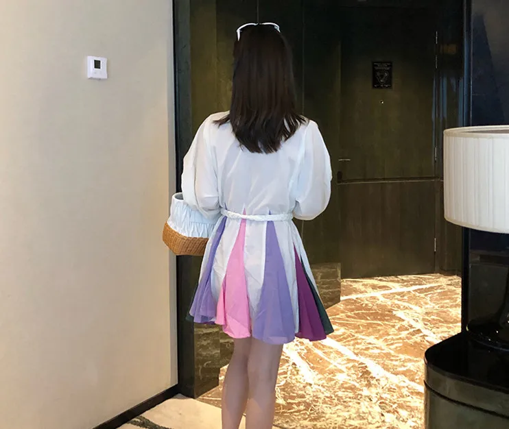 WHITNEY WANG 2019 весна лето мода уличная цвета контрастная Радуга оборки русалка мини