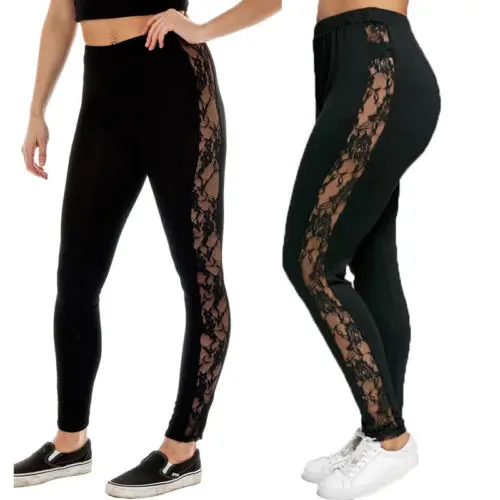 

Fashion Women Mesh Lace Skinny Stretch Pencil Pants Leggings Black Plus Size L-3XL