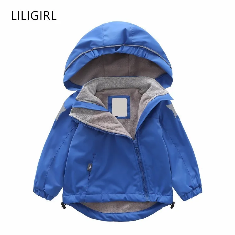 LILIGIRL/Детская куртка с косой молнией; куртки для девочек с флисовой подкладкой; пальто с капюшоном для мальчиков со звездами; осенний плащ; детская ветровка