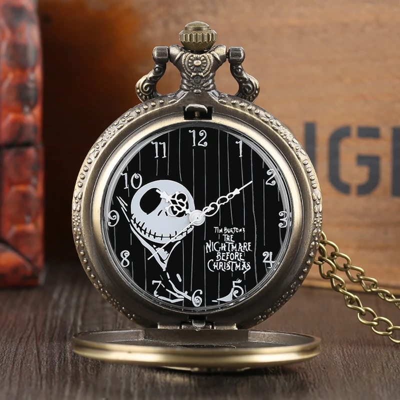 Retro Skull Punk Chain Necklace Quartz Pocket Watch Jack Pendant Retro Bronze Jewelry Fob Necklace Watches for Men Women Kids