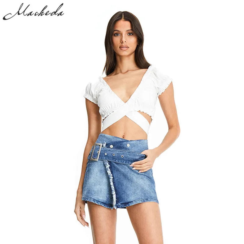 Macheda Женский укороченный топ с перекрещенным бантиком завязкой коротким рукавом